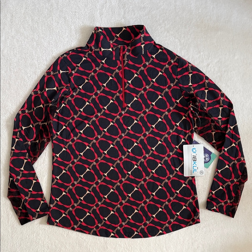 {NWT} Ibkul | Equestrian Print Long Sleeve Zip Mock Neck Top UPF 50+ Icefil (M)